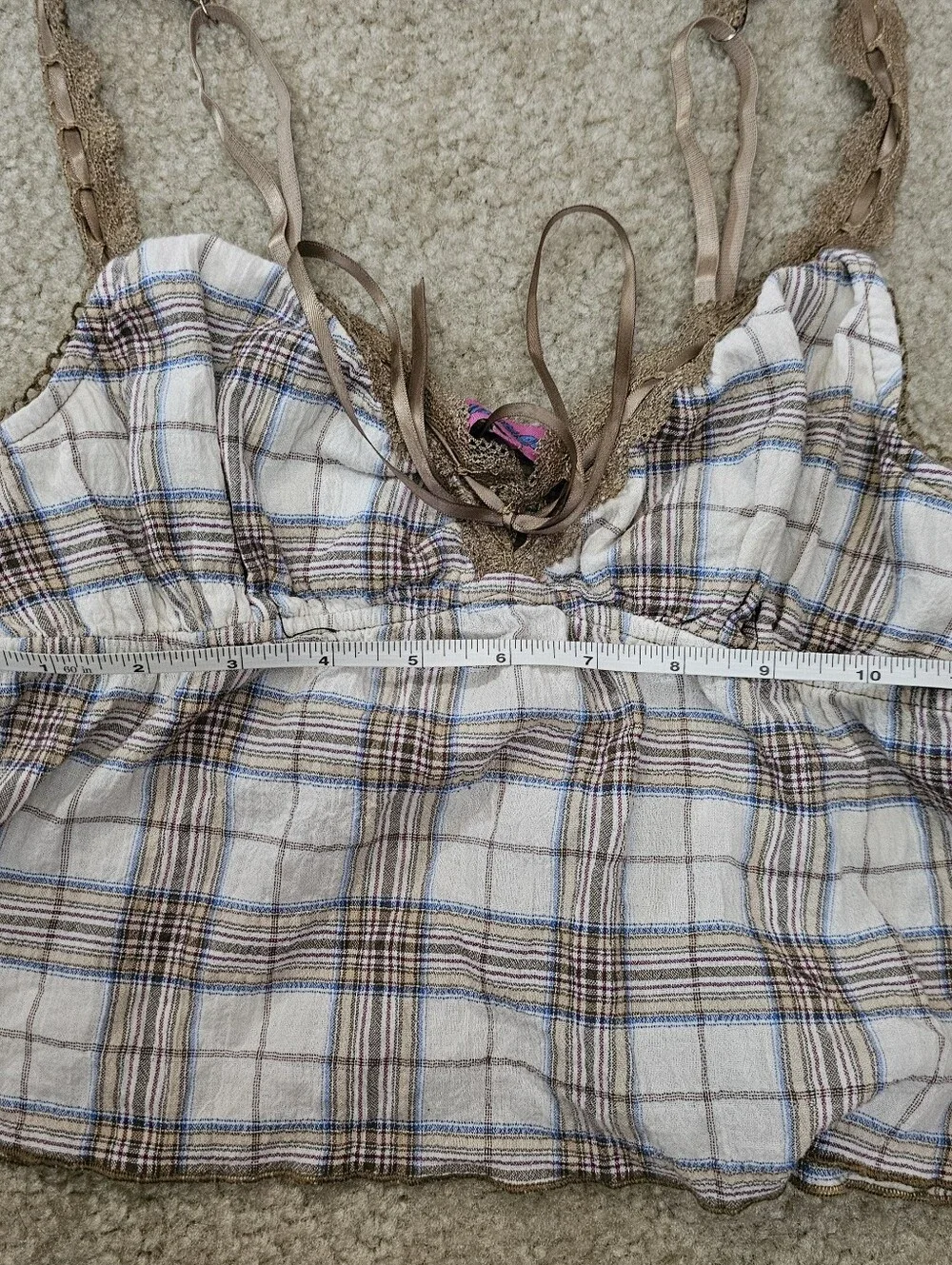 Edikted Plaid Lace Trim Coquette Cami Top Fairycore Ribbon Tie Size S